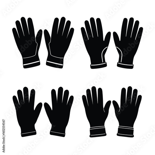 Tools & DIY Equipment Silhouettes – Work Gloves Icon Set, Black Vector Collection of Protective Gloves Isolated on White Background
