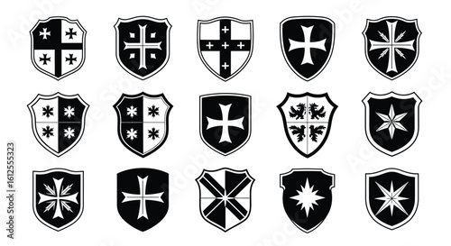 Collection of Heraldic Shield Designs Vector Illustration Medieval Knights Tournament Emblems Decorative Icons Coats of Arms Graphic Set