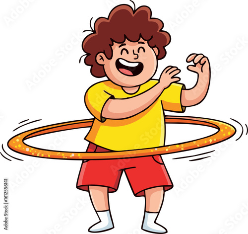 Joyful Cartoon Boy Spinning a Dotted Orange Hula Hoop with Glee