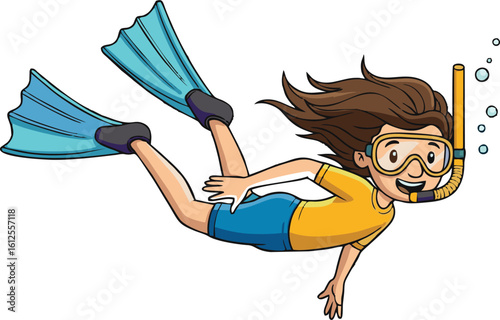 Joyful Girl Snorkeling Underwater Cartoon Illustration