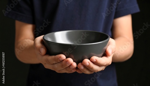 Close-up of a child's hands gently holding an empty gray bowl against a dark background