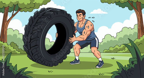Muscular Man Tire Flip Exercise Outdoor Fitness Workout