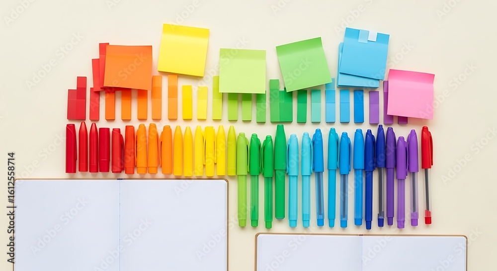 Fototapeta premium Overhead shot of colorful pens crayons sticky notes and open notebooks on a light background