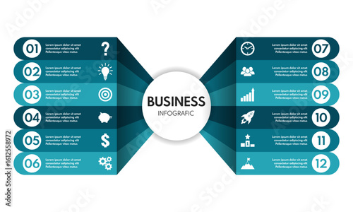 12 options business infographic, steps to success, blue rounded arrows template, year progress presentation mockup, vector illustration