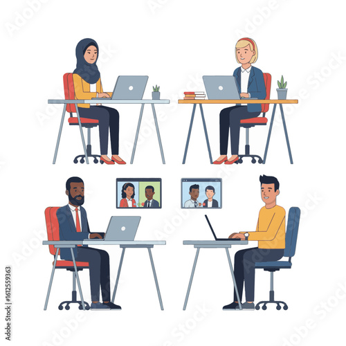 Diverse people working remotely. Business video call graphic.