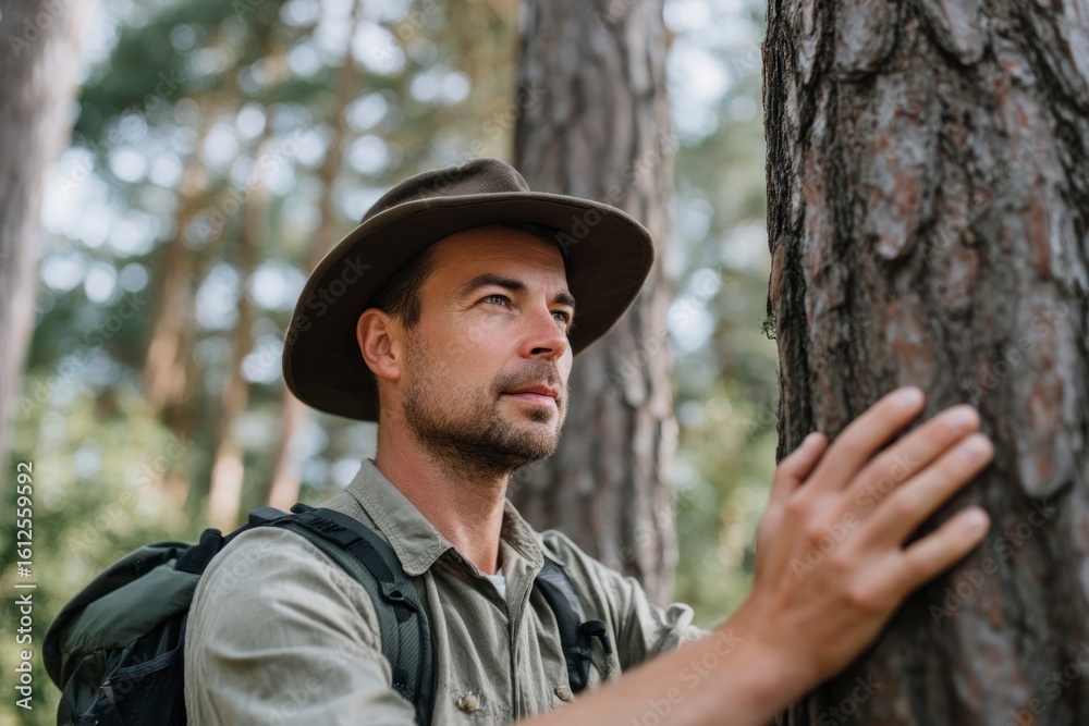 Obraz premium Man in hat with backpack touches a tree stands in forest with dense trees and natural lighting