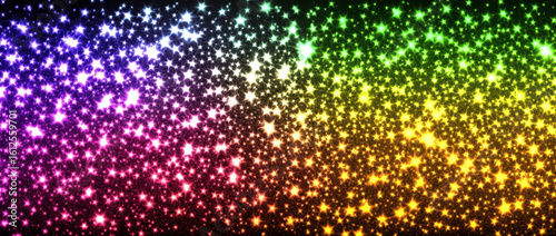 Colorful starry background with gradient of rainbow hues, featuring sparkling stars against dark backdrop, creating vibrant and magical atmosphere
