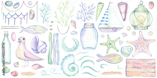 Fotografia Set of watercolor illustrations on marine and seaside themes, depicting seaweed, corals, shells, mollusks, pebbles, ship, bottle, jar, wooden stick, decorative beach objects, pastel coastal elements