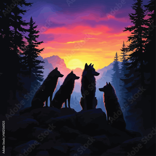 Wolves at Sunset – Dramatic Silhouette Vector Featuring Four Wolves, Pine Trees, and Mountainous Horizon
