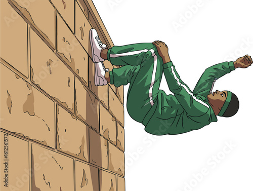 A Person in Action, Parkour Style, Against a Stone Wall