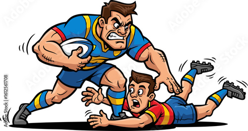 Aggressive Rugby Tackle: Cartoon Illustration of Intense Game Play