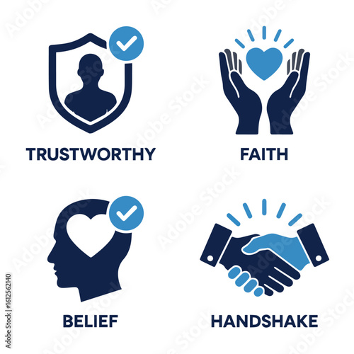 Icons depicting trustworthy faith belief and handshake with checkmarks in a blue and white theme