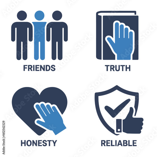 Illustration showing friends, truth, honesty, and reliability in a symbolic representation format