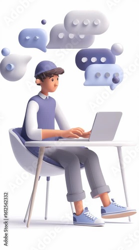 Animated Character Typing on Laptop with Chat Bubbles
