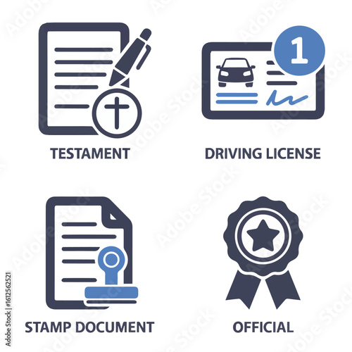 Illustration of testament with pen, driving license, stamp document and official seal icons set up