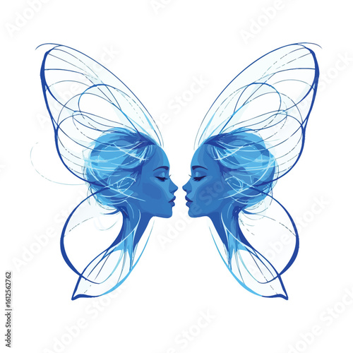 Butterfly-Headed Women Vector – Surreal Symmetrical Portrait with Blue Wings and Feminine Faces in Fantasy Style