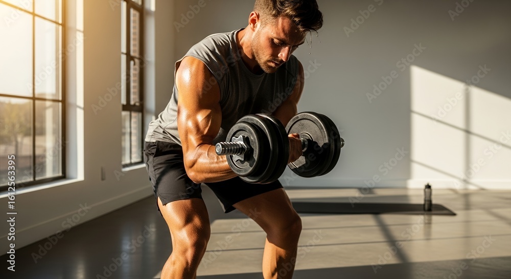 Fototapeta premium Muscular Man Doing Bicep Curls with Dumbbells