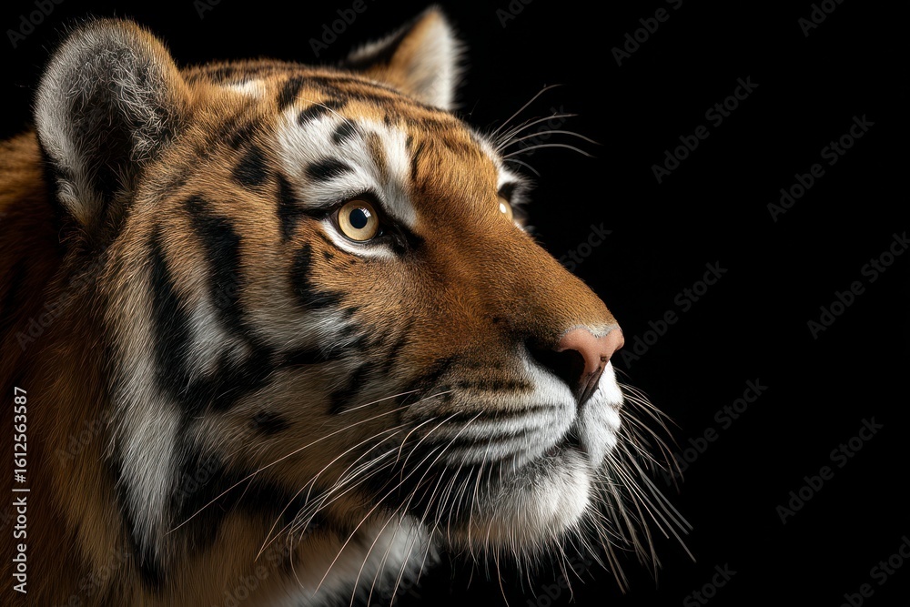 Fototapeta premium Tiger head shot side profile focusing on fur texture eye detail and black background