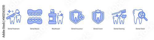 Orthodontic care web banner icon vector illustration for Dental Treatment, Dental Braces, Mouthwash, Dental Insurance, Dental Crown, Dental Cleaning, and Dental Check.