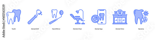 Dental clinic web banner icon vector illustration for Tooth, Dental Drill, Hand Mirror, Dentist Chair, Dental App, Dental Clinic, and Bacteria in a clinical environment.