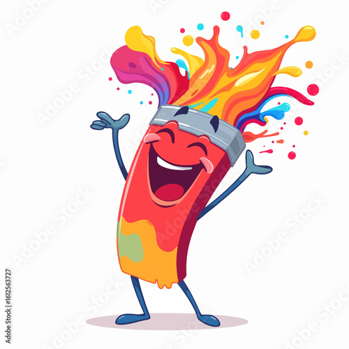 Cheerful cartoon paintbrush character with arms raised, smiling widely, and vibrant paint splatters erupting from its bristles.