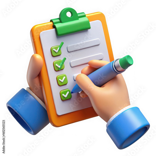 3d hand filling checklist with pen isolated on transparent background