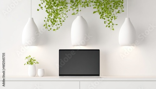 Modern minimalist setup features a blank-screen laptop on a white surface, beneath three teardrop lights and green trailing plants against a white wall