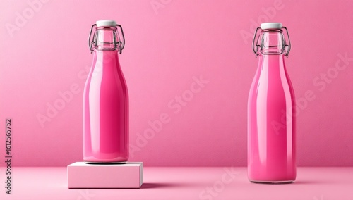 Two pink liquid-filled bottles, one elevated on a small pink cube, against a soft pink background. The bottles have swing-top closures and create a minimalist, vibrant composition
