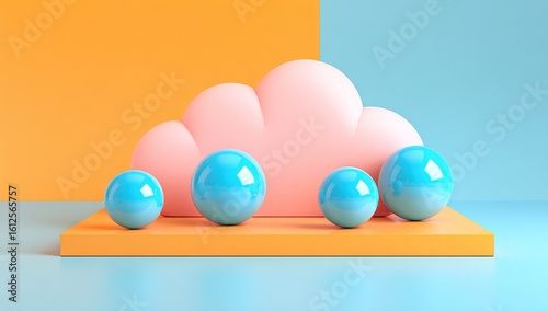 Playful composition with a pink, puffy cloud shape resting on an orange platform, accompanied by four glossy, blue spheres, against a divided orange and blue background