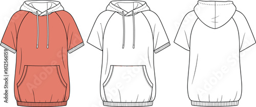 Flat vector cad drawing of short sleeve hoodie with front pocket and drawstring, technical fashion illustration for design template use