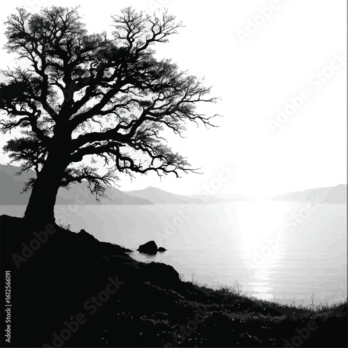 Silhouette of Leafless Tree on Cliff Overlooking Sunset-Reflecting Lake with Distant Hills – Tranquil Nature Vector in Monochrome
