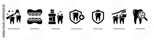 Orthodontic care web banner icon vector illustration for Dental Treatment, Dental Braces, Mouthwash, Dental Insurance, Dental Crown, Dental Cleaning, and Dental Check.
