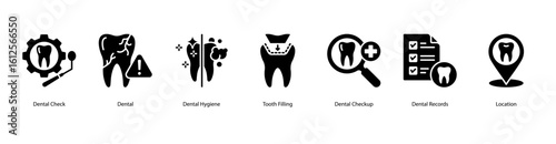 Routine dental check web banner icon vector illustration with Dental Check, Dental, Dental Hygiene, Tooth Filling, Dental Checkup, Dental Records, and Location.