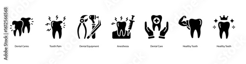 Oral health web banner icon vector illustration showing Dental Caries, Tooth Pain, Dental Equipment, Anesthesia, Dental Care, Healthy Tooth, and Healthy Teeth.