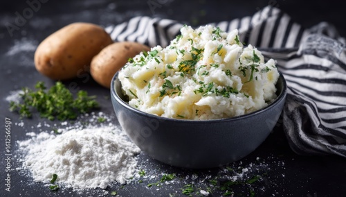 Creamy mashed potatoes, flecked with herbs, presented in a dark bowl alongside raw potatoes and a dusting of flour, offset by a striped cloth on a dark surface