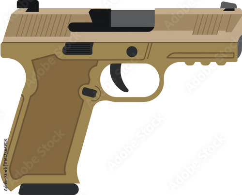 Cad drawing flat vector illustration of compact desert tan handgun, modern semi-automatic pistol side view for defense and protection