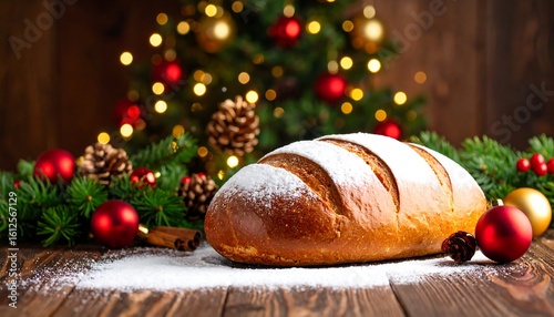 Festive bread on wooden table with Christmas decorations