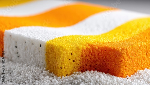 Layered foam block with contrasting colors. Soft texture, alternating white, yellow, and orange sections. Porous surface, abstract aesthetic. Close-up detail