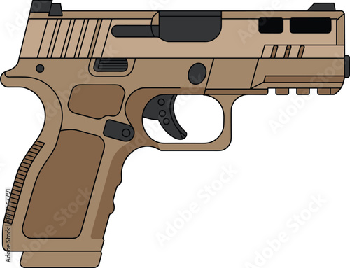 Flat vector illustration of modern semi-automatic pistol in tan color, side view of handgun design for defense, military, or security