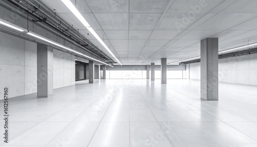 Expansive, minimalist interior with concrete pillars, high ceilings, and bright lighting