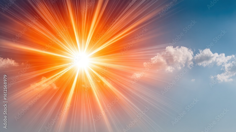 Obraz premium Blazing Sun Radiance: Witness the sun's overwhelming power, as it explodes across the canvas of the sky. Rays of pure energy burst from its heart, a celestial display of heat.
