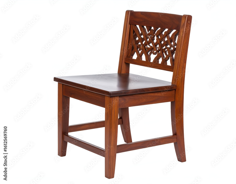 A beautifully carved dark walnut wood chair, a masterpiece of woodworking, resting elegantly on a stark white isolated background. A beautifully carved dark walnut wood chair, a masterpiece of woodworking, resting elegantly on a stark white isolated background.