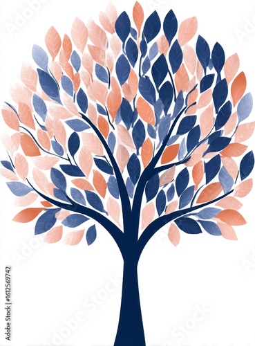 Illustrated tree a dark trunk with a crown of orange & blue leaves, creating a balanced, symmetrical composition. Each leaf is distinct, giving a textured feel. On white