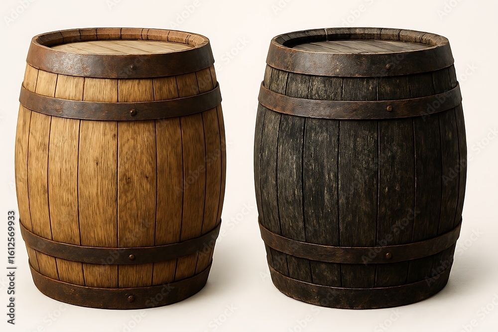 Fototapeta premium Two wooden barrels, one light oak and one dark, stand side-by-side against a soft white backdrop emphasizing their