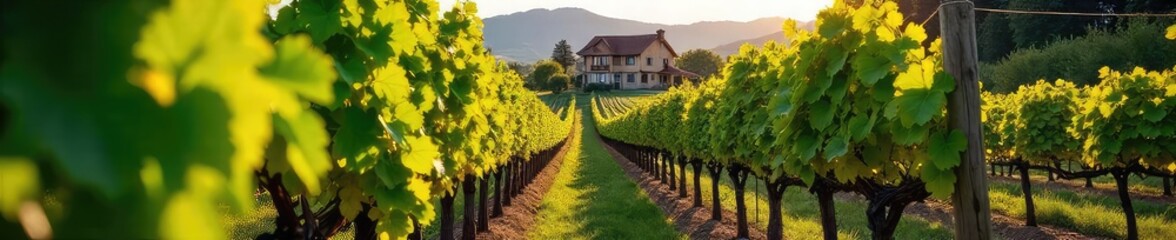 Crédence de cuisine  Sun-drenched vineyard with rows of vibrant green grapevines, lush leaves, and a rustic winery building in the background  a picturesque autumn scene , vineyard landscape, wine  © Thanwara