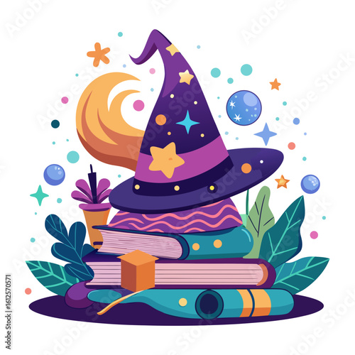 Enchanting witch hat and magical books for spellbinding Halloween designs and whimsical fantasy themes