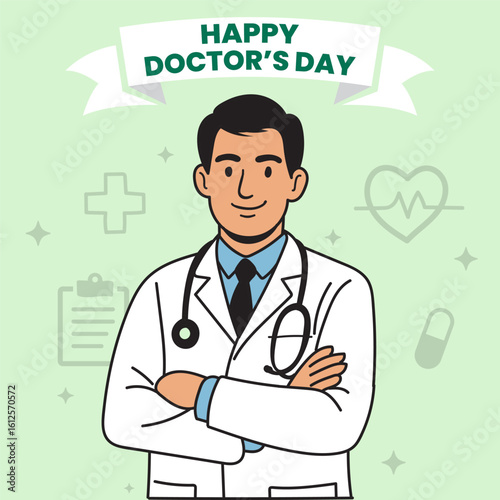 Happy Doctor's Day Concept – Smiling Medical Professional with Stethoscope and Healthcare Icons