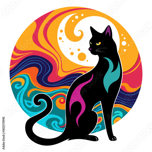 Elegant black cat in vibrant abstract art, a modern design perfect for pet lovers and creative projects