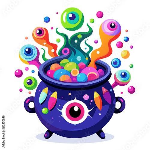 Whimsical Halloween brew bubbling with colorful eyeballs and magical smoke creating a playful spooky atmosphere