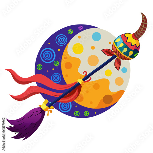 Whimsical broomstick soars past a crescent moon in a dreamy, vibrant, and magical illustration